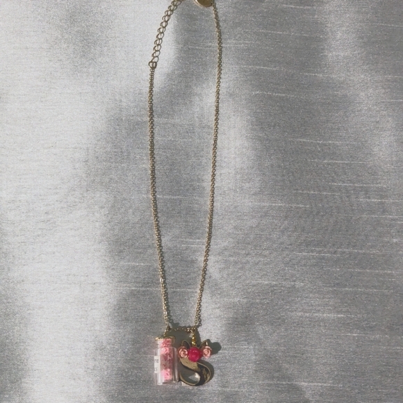Letter 'S' and Bottled Charm Pendant Necklace. Gold/Pink - Picture 1 of 6